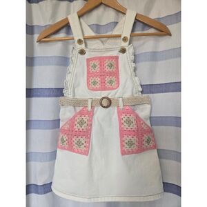Girls Denim Overall Dress Pink Granny Square - Belted. Size 6 (18m - 2.5 year)